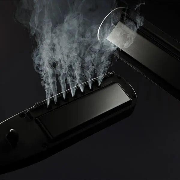 L’Oréal Professionnel Steampod 3.0 releasing steam, showcasing innovative hair styling technology for smooth results.