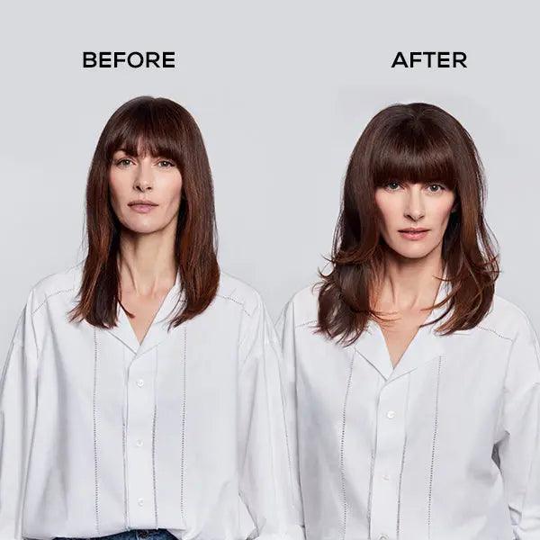 Before and after using L’Oréal Professionnel Steampod 3.0, showing smoother and healthier hair transformation.