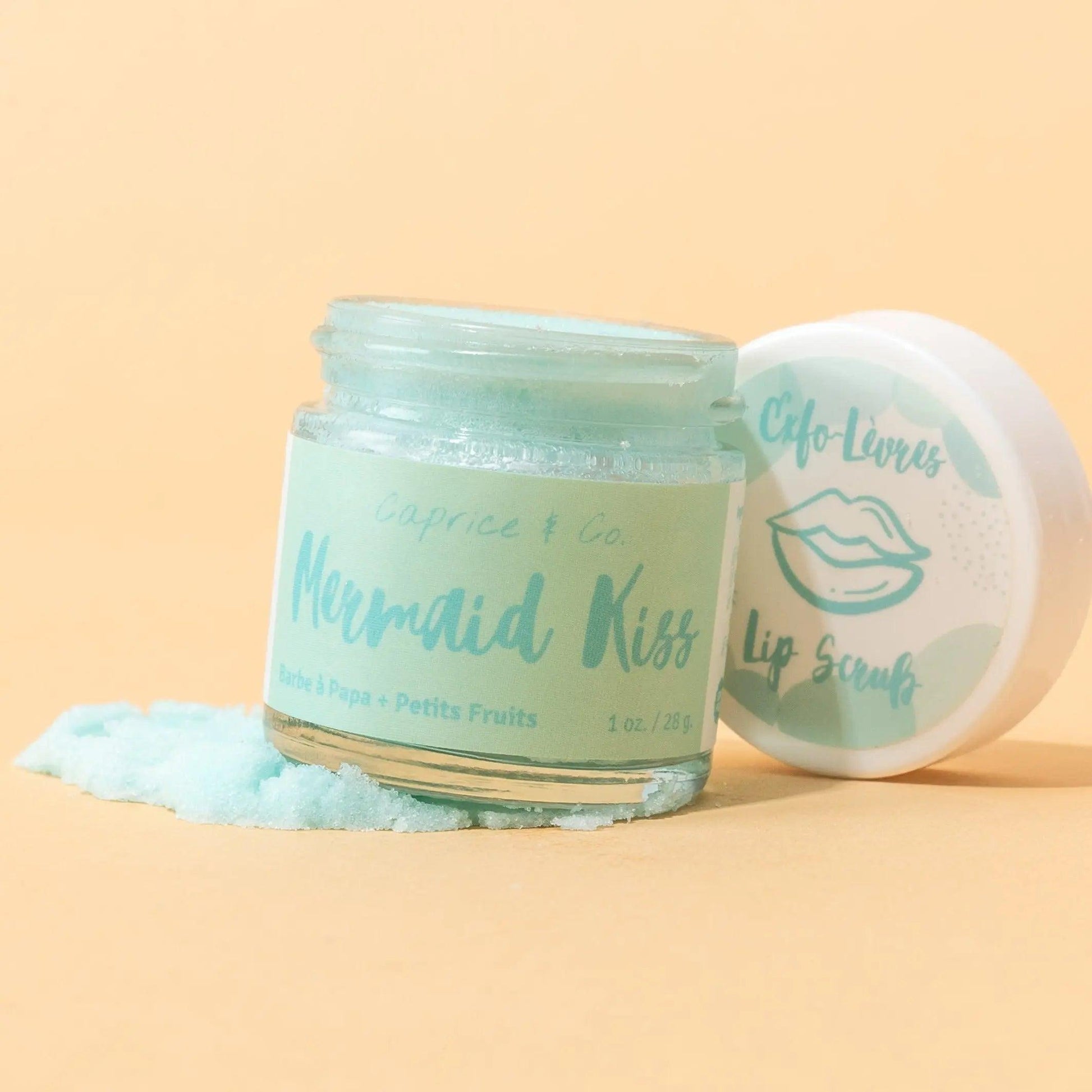 Mermaid Kiss lip scrub jar with cotton candy and berries flavor, showcasing fine sugar exfoliant and hydrating ingredients.