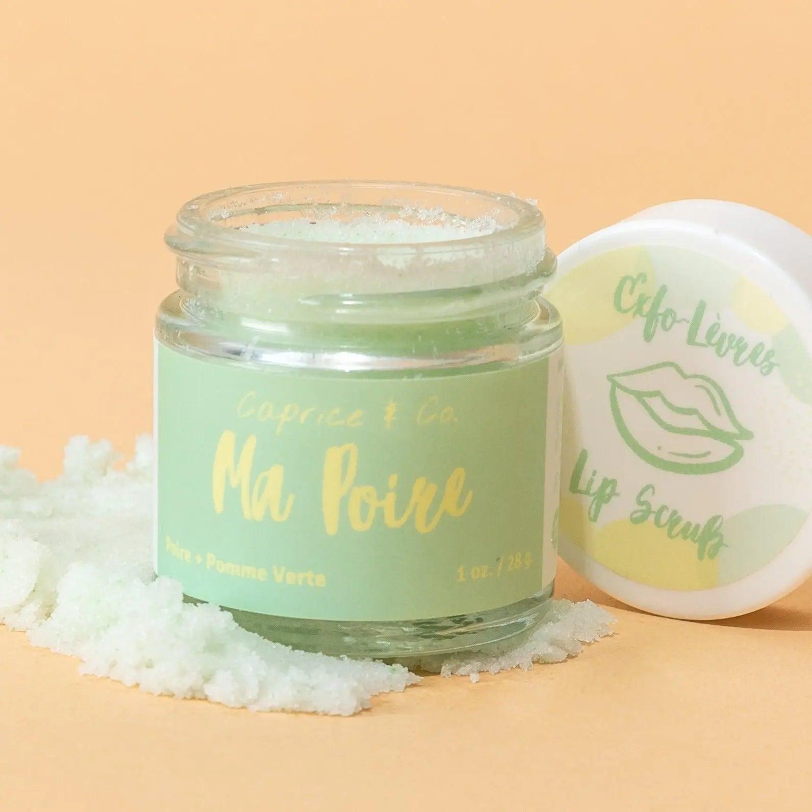 Ma Poire Lip Scrub jar with pear and green apple flavor, showcasing gentle exfoliation and hydration in a stylish package.