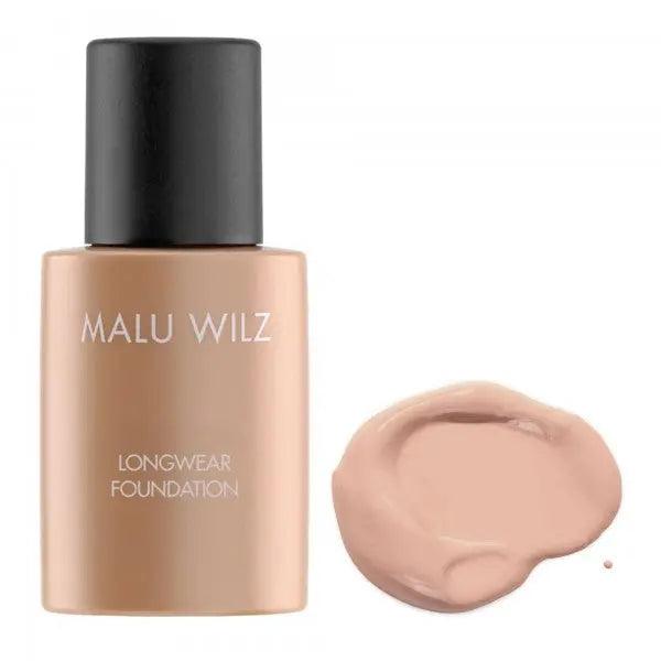 Malu Wilz Longwear Foundation 30ml bottle with a swatch of liquid foundation next to it for flawless coverage.