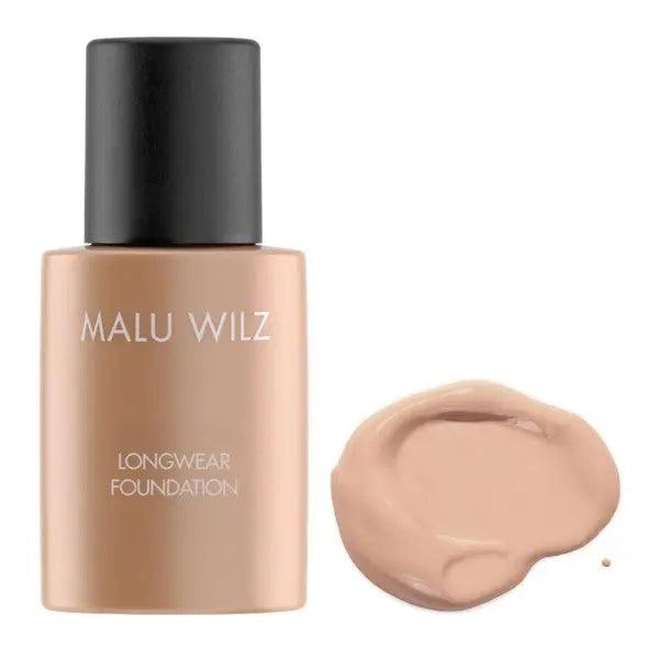Malu Wilz Longwear Foundation bottle with liquid foundation swatch on the side, showcasing its high-performance formula.