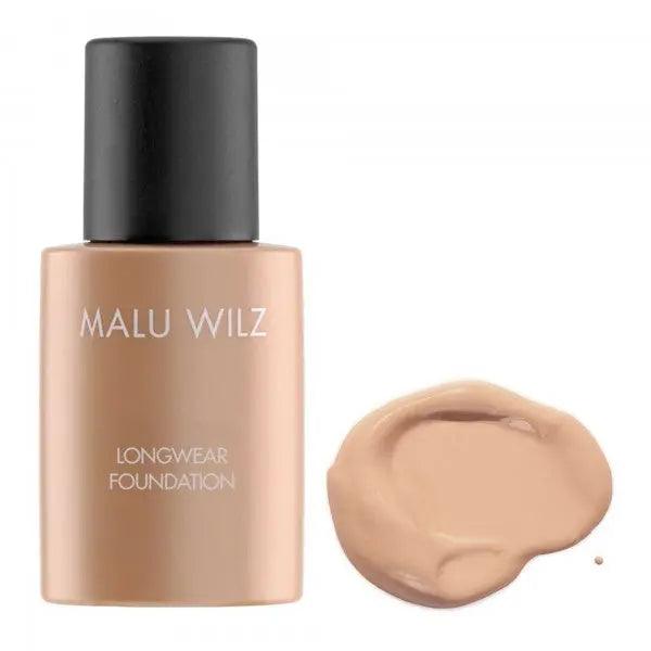 Malu Wilz Longwear Foundation 30ml bottle with a swatch of liquid foundation in a beige tone.