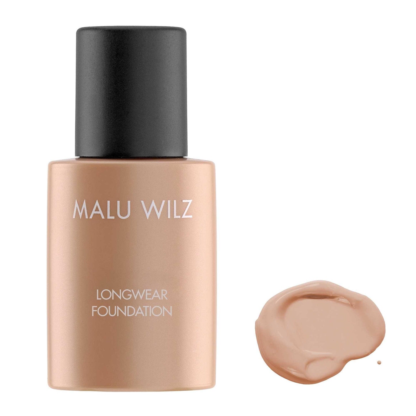 Malu Wilz Longwear Foundation 30ml bottle with a swatch of foundation next to it for flawless coverage.