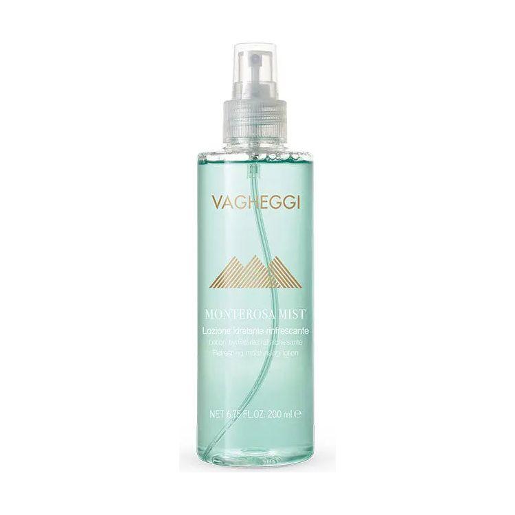 Monterosa Mist Refreshing Moisturising Lotion in a spray bottle, infused with glacier water and hyaluronic acid for revitalized skin.
