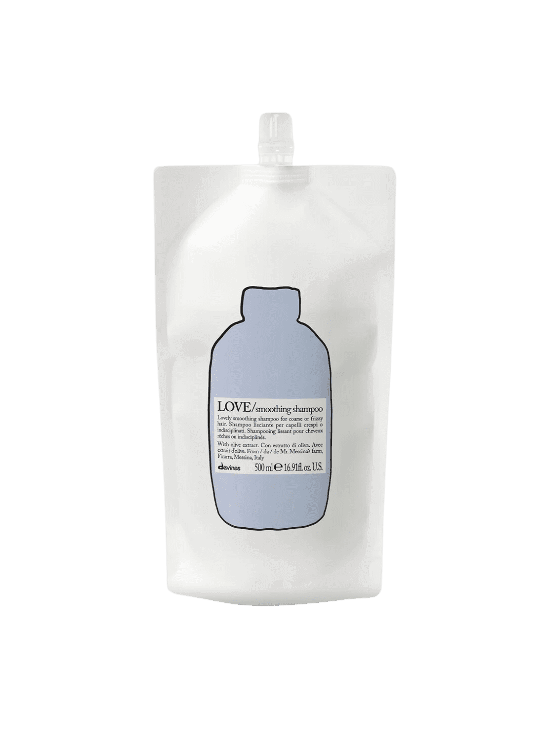 Love Smoothing Shampoo Refill pouch for frizzy hair, infused with olive extract for deep hydration and smoothing effects.