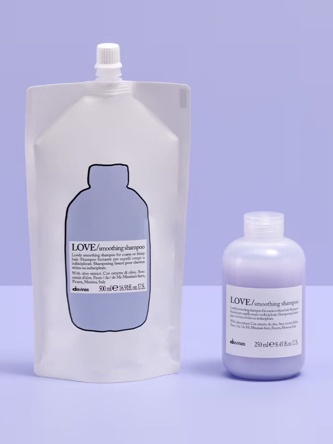 Love Smoothing Shampoo Refill pouch and bottle for frizzy hair, providing deep hydration and smoothing effects.