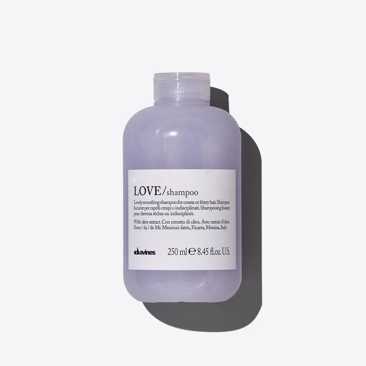 Davines LOVE Smoothing Shampoo bottle for frizzy hair, 250ml, gentle cleansing formula, humidity protection.