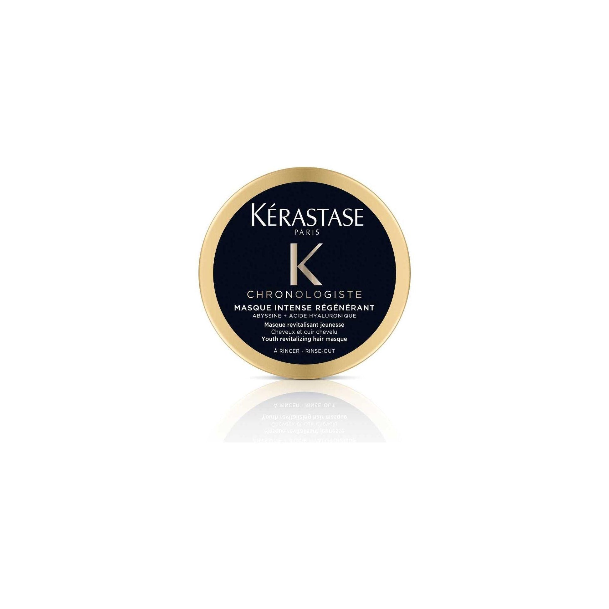 Kérastase Chronologiste Masque Intense Régénérant for revitalizing and nourishing hair treatment in a round black and gold container.