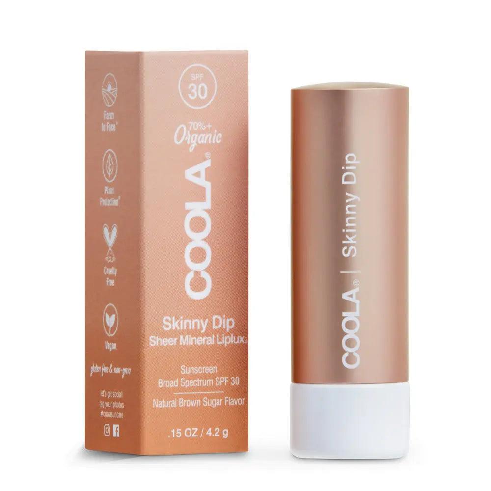COOLA Skinny Dip Organic Tinted Lip Balm SPF 30 with natural brown sugar flavor and nourishing ingredients.