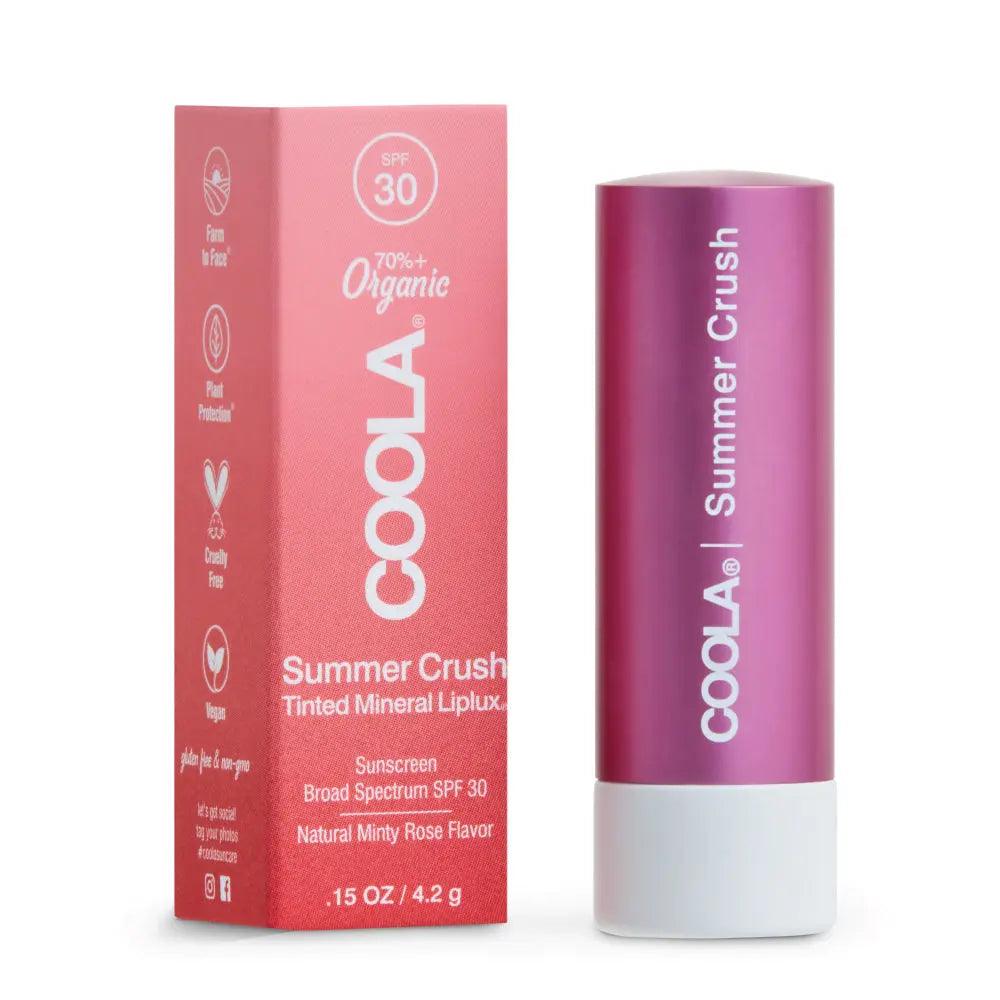 Tinted Mineral Liplux® SPF 30 Lip Balm by COOLA in Summer Crush, featuring organic ingredients and a minty rose flavor.