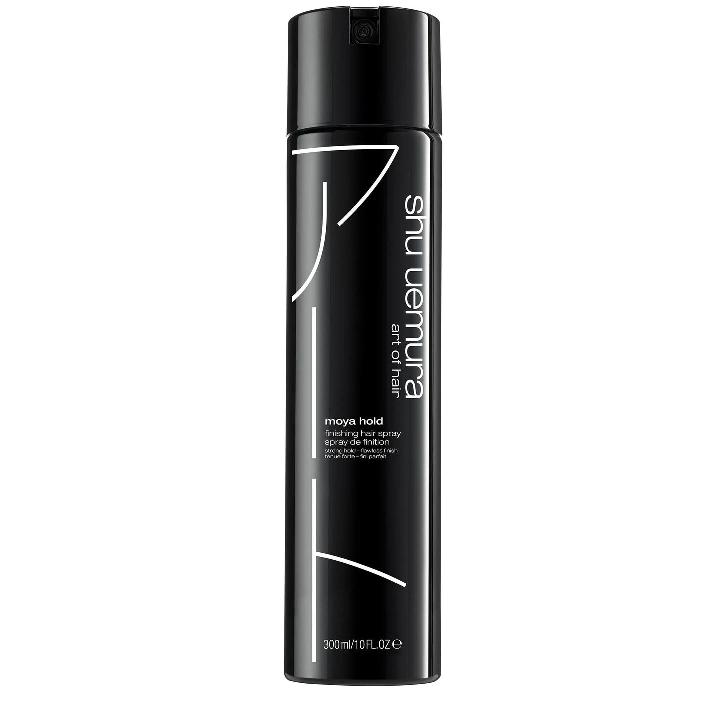 Moya Hold Finishing Hair Spray by Shu Uemura in a sleek black bottle for strong, flexible hair hold suitable for all textures.