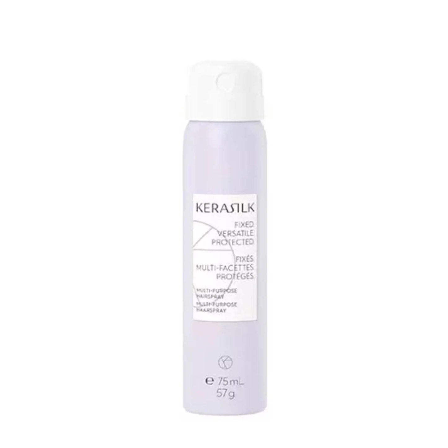 KERASILK Multi-Purpose Hairspray in a 75ml spray bottle for strong hold and flexible styling. Ideal for all hair types.