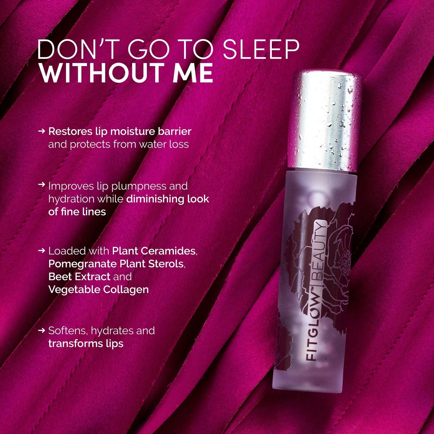 Night Lip Serum by Fitglow Beauty in a stylish bottle, showcasing benefits for lip hydration and transformation.