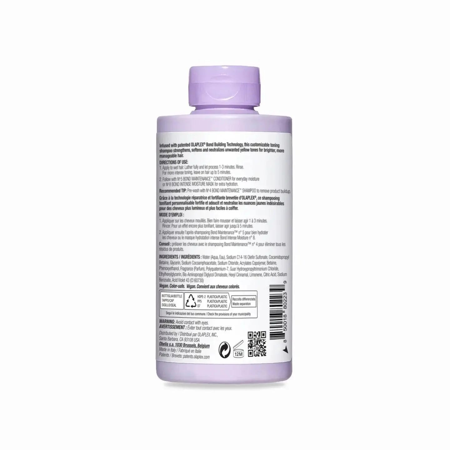 Olaplex Nº.4P Blonde Enhancer Toning Shampoo bottle back view, showcasing product details and ingredients.