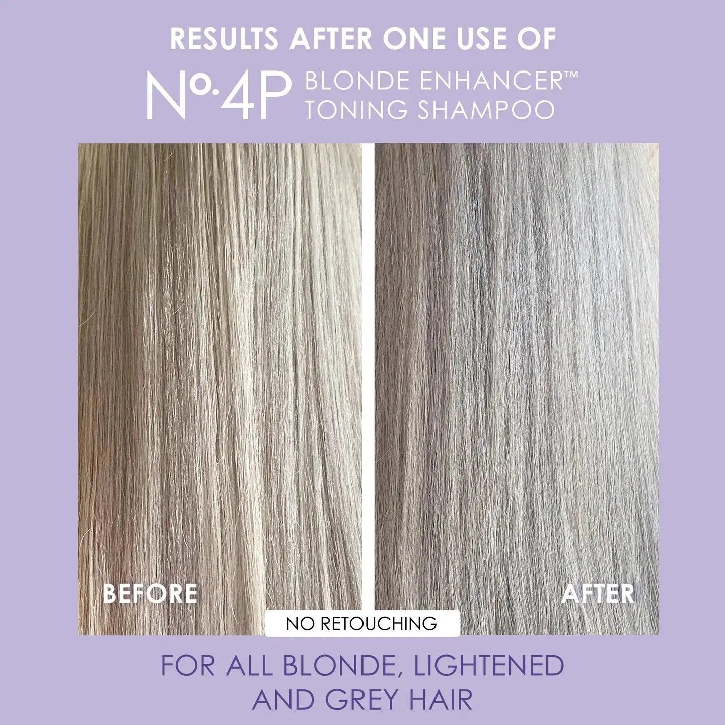 Before and after results of Olaplex Nº.4P Blonde Enhancer Toning Shampoo on blonde and grey hair. No retouching.