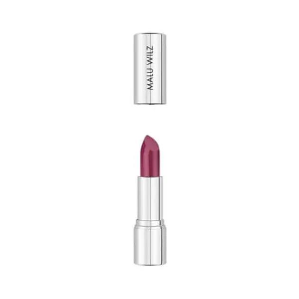 Malu Wilz Nourishing Lipstick in vibrant berry shade, displayed with cap removed, showcasing its luxurious design and color.