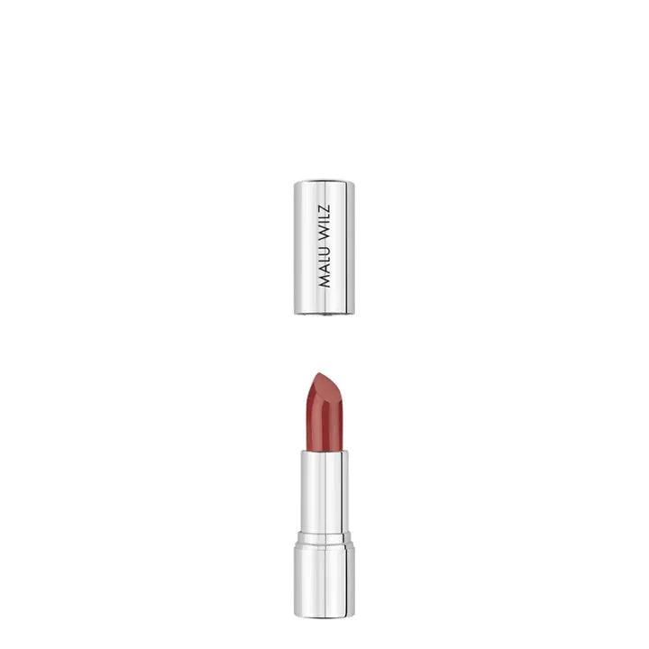 Malu Wilz Nourishing Lipstick in sleek silver casing, showcasing vibrant color and nourishing formula.
