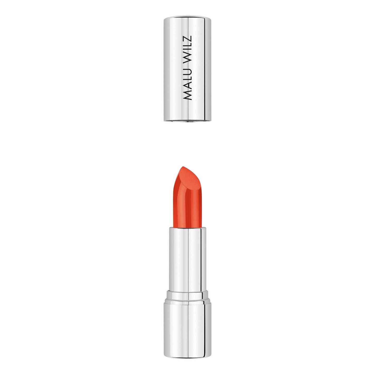 Malu Wilz Nourishing Lipstick in vibrant orange shade, showcasing elegant silver packaging and creamy texture.