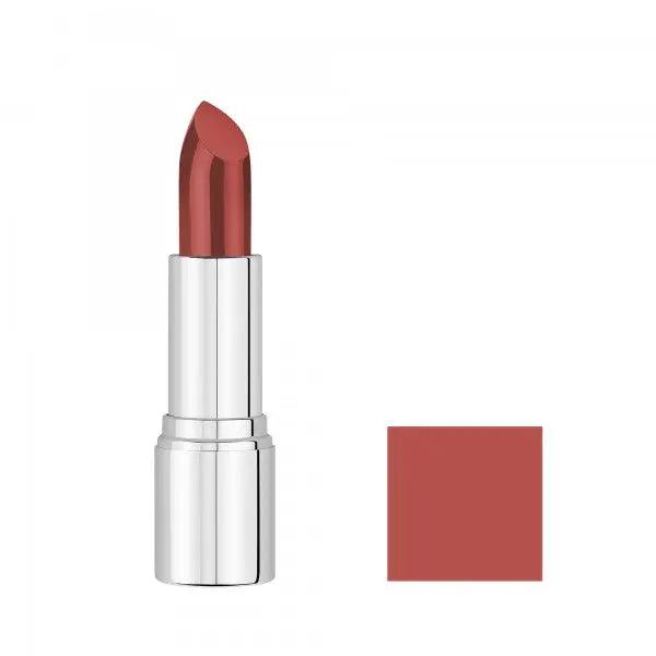 Nourishing Lipstick in a sleek tube with a vibrant reddish color swatch beside it.