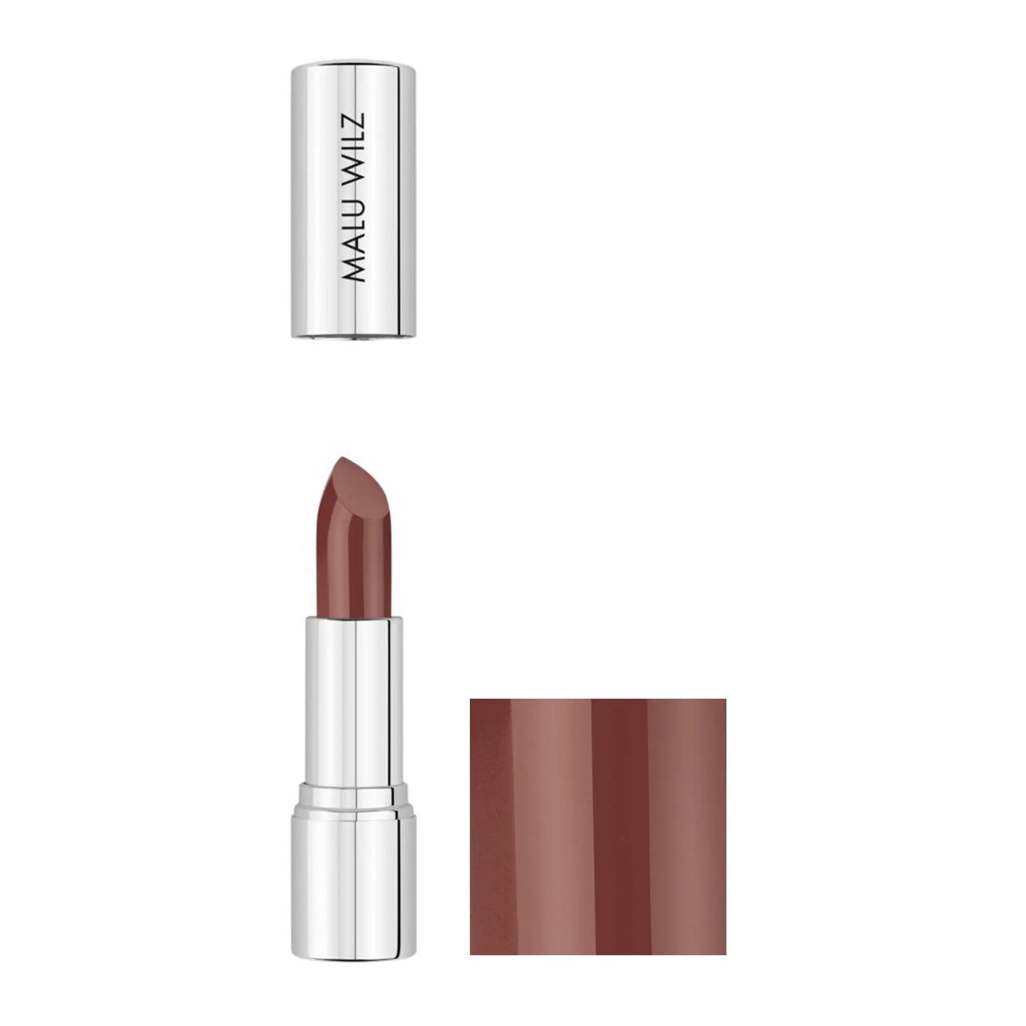 Malu Wilz Nourishing Lipstick in a sleek silver tube revealing a rich brown shade, showcasing vibrant color and nourishing formula.
