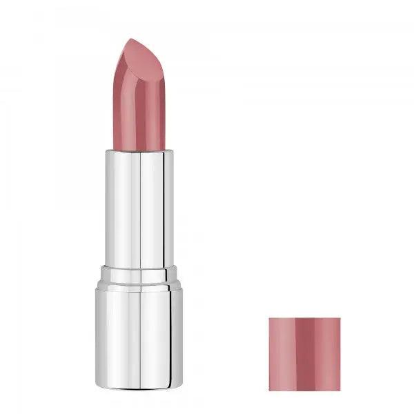 Malu Wilz Nourishing Lipstick in a sleek silver tube with a smooth pink shade for vibrant color and nourishment.