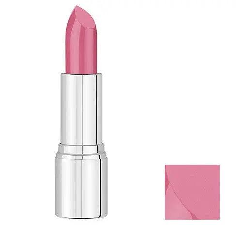 Nourishing Lipstick in soft pink shade, showcasing vibrant color and luxurious texture in a sleek silver tube.