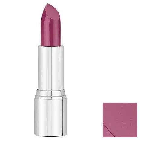 Nourishing lipstick in a vibrant mauve shade, showcasing a sleek silver packaging and color swatch.