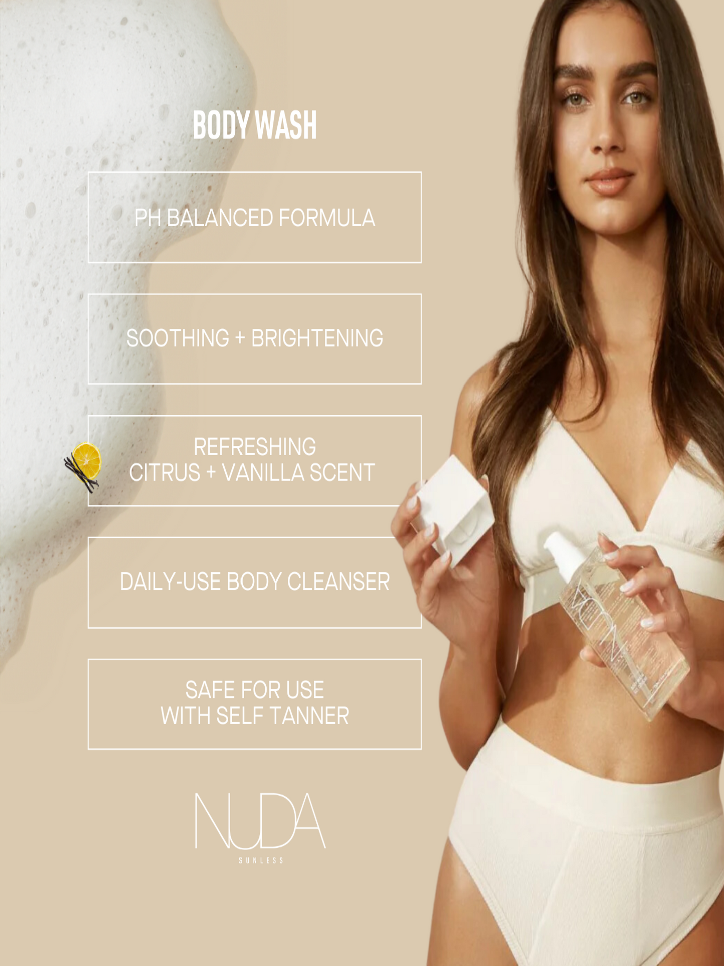 Body Wash with pH balanced formula, soothing benefits, citrus and vanilla scent, ideal for daily use and self-tanner care.