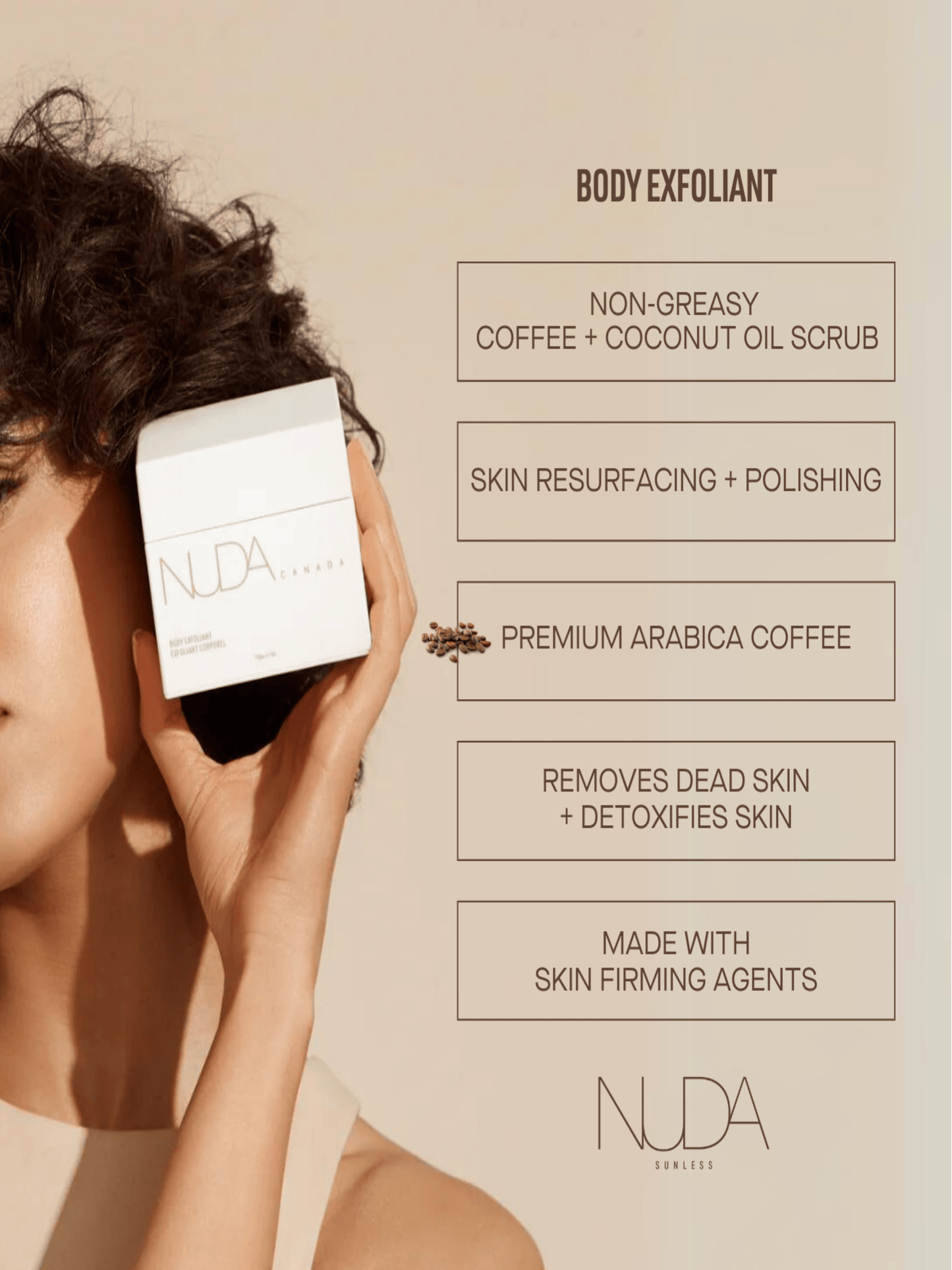 Body exfoliant featuring coffee and coconut oil scrub, promoting skin resurfacing, detoxification, and firming benefits.