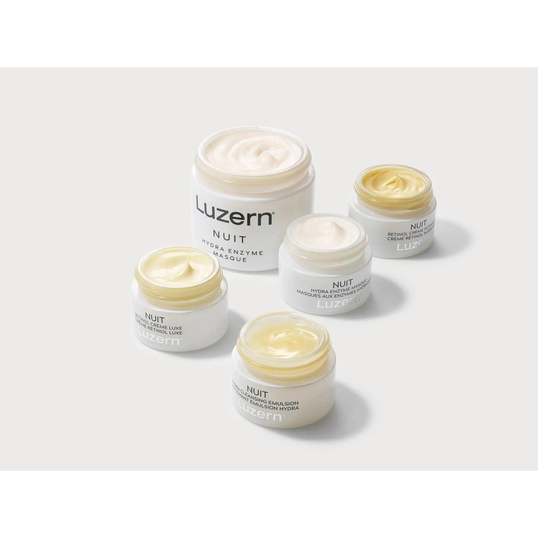 Luzern Nuit Hydra Enzyme Masque skincare cream jars line-up for night-time skin hydration and rejuvenation.