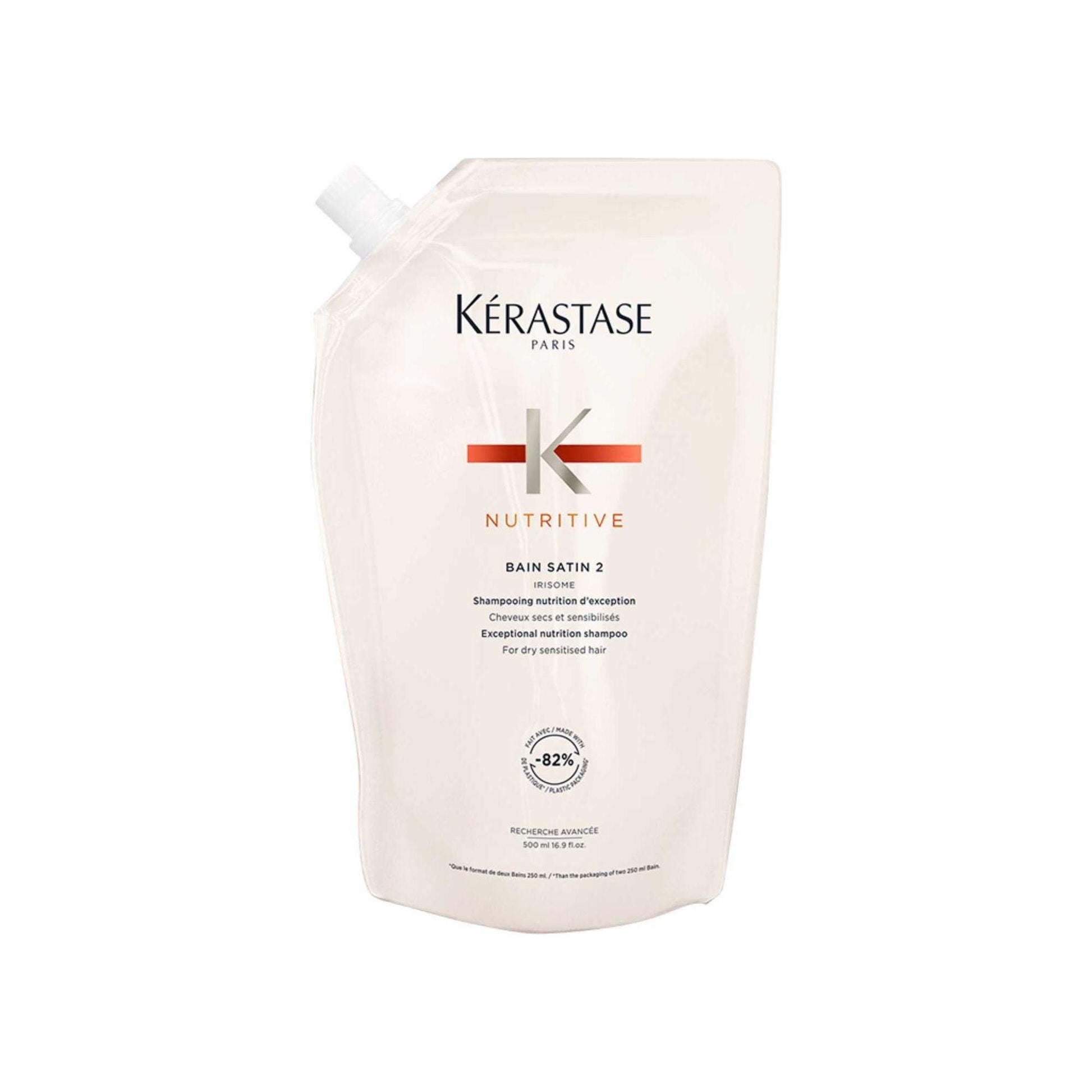 Kérastase Nutritive Bain Satin 2 refill pouch made from 82% recycled plastic for sustainable hair care.