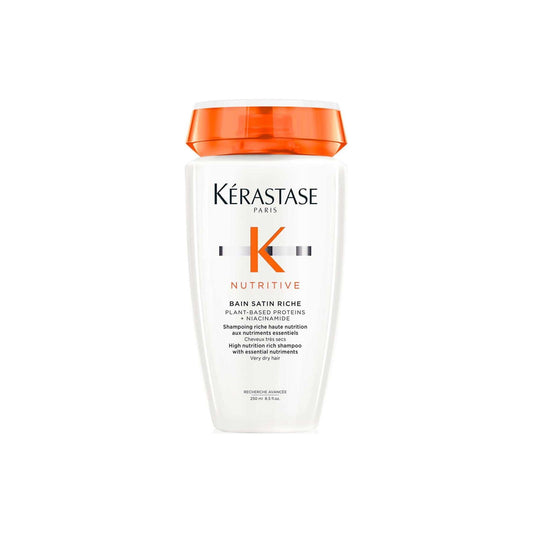 Kérastase Nutritive Bain Satin Riche Shampoo bottle for very dry hair, enriched with essential nutrients for hydration.