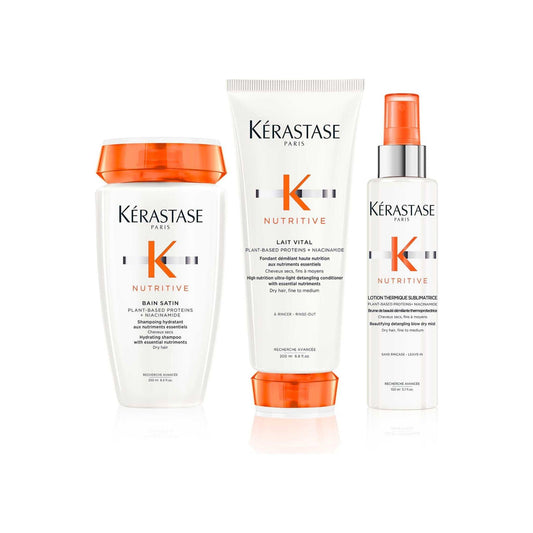 Kérastase Nutritive hydrating routine for fine to medium hair, including shampoo, conditioner, and detangling spray.