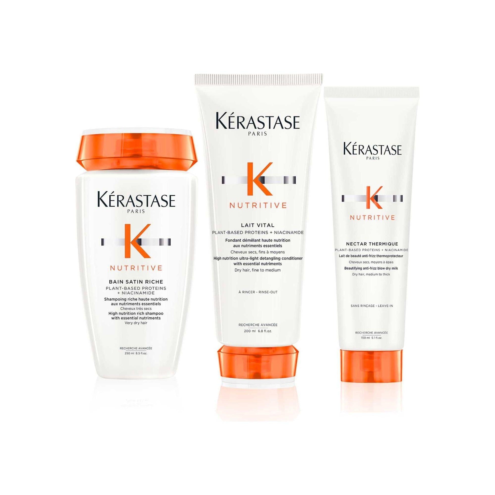 Kérastase Nutritive hair care routine for medium to thick hair featuring shampoo, conditioner, and leave-in treatment.