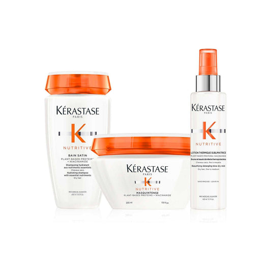 Kérastase Nutritive intense hydration products for fine to medium hair, including shampoo, mask, and spray.