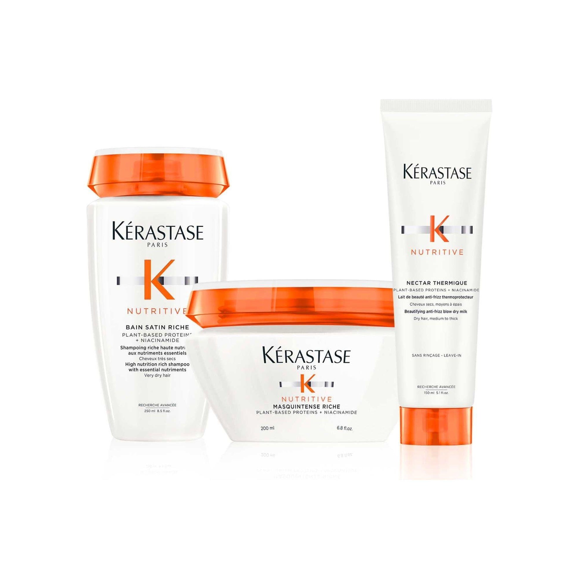 Kérastase Nutritive intense hydration products for medium to thick hair, including shampoo, mask, and leave-in treatment.