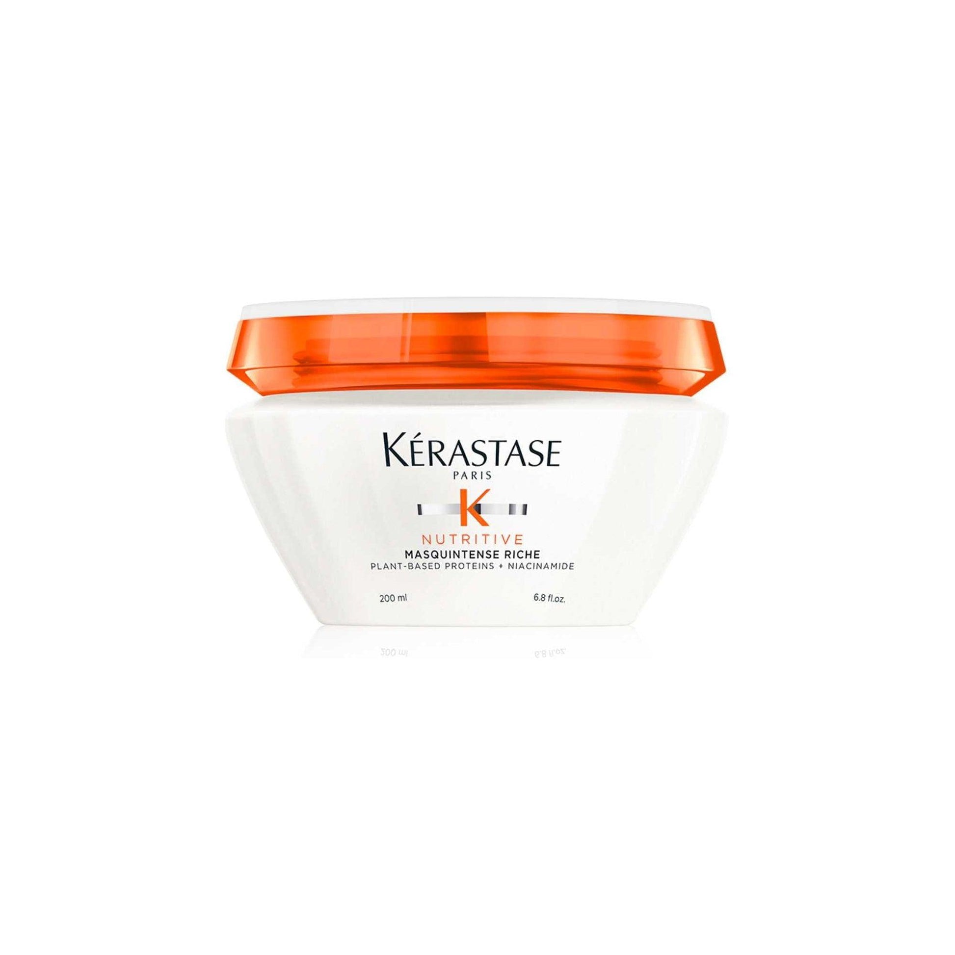 Kérastase Nutritive Masquintense Riche hair mask for very dry hair in a white jar with orange lid, 200ml.