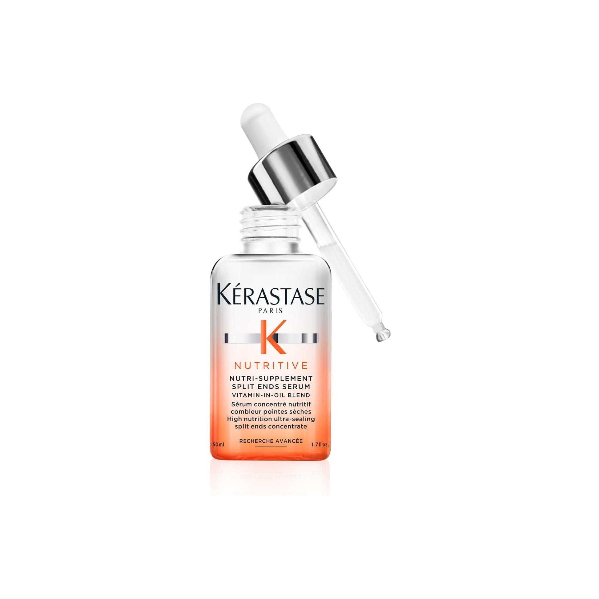 Kérastase Nutri-Supplement Split-Ends Serum bottle with dropper for nourishing dry hair and preventing split ends.