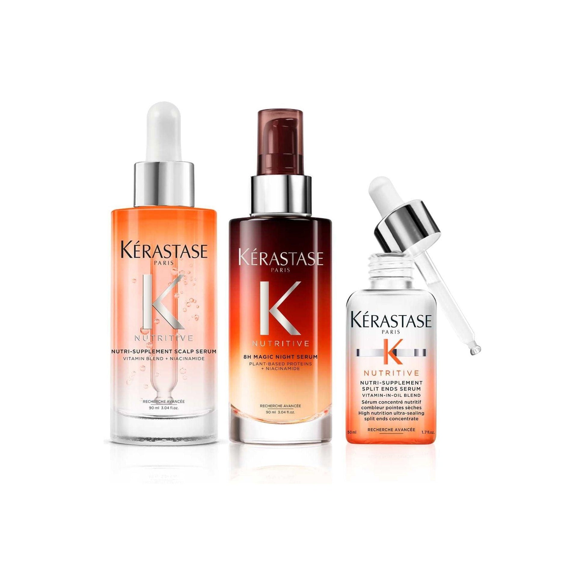 Kérastase Nutritive Super Serum Trio for dry hair, featuring scalp, lengths, and ends serums for hydration and nourishment.