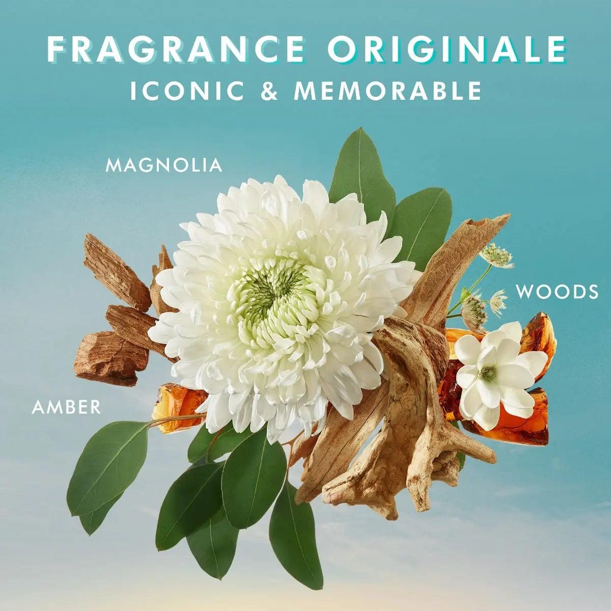 Floral and wood elements representing the Original Scented Shower Gel fragrances: magnolia, amber, and woods.