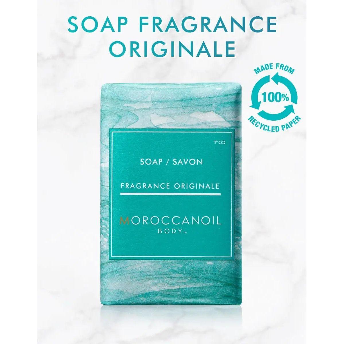 Moroccanoil Body Fragrance Originale soap bar packaging made from 100% recycled paper, featuring a bright blue design.
