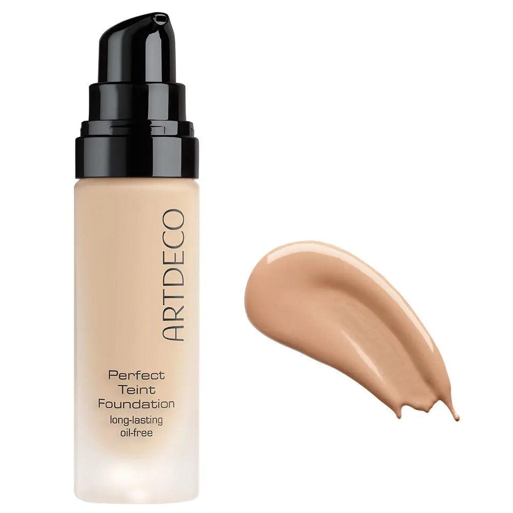 Artdeco Perfect Teint Foundation bottle with a swatch of foundation, showcasing its long-lasting and oil-free formula.