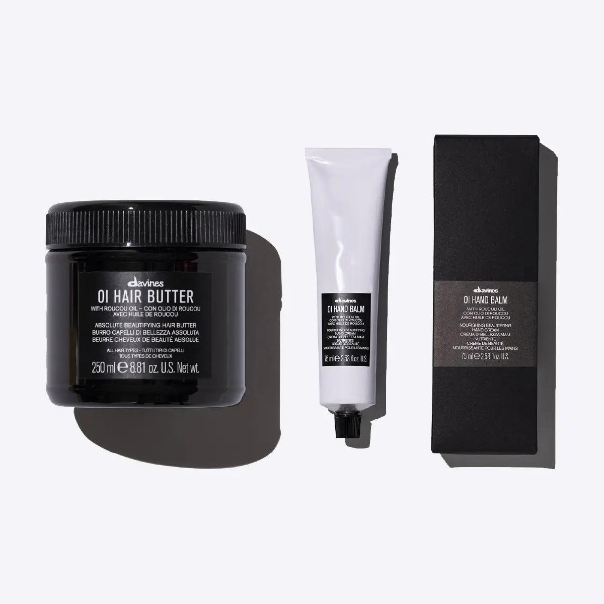 OI Hair Butter and OI Hand Balm from Davines, perfect for hydrating and softening hair and hands.