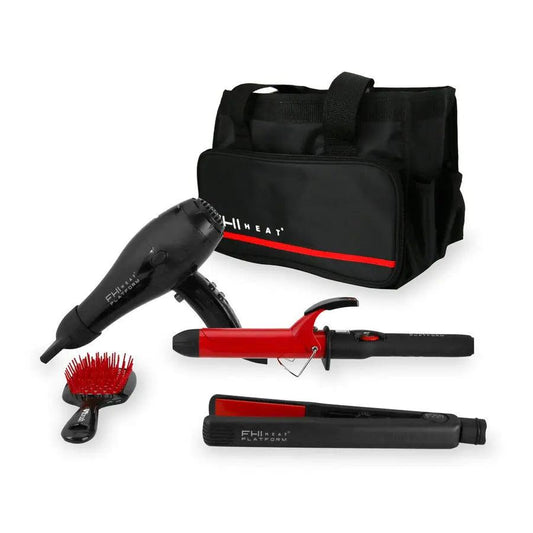 Platform Professional Tool Set including hair dryer, curler, straightener, detangling brush, and stylish caddy.