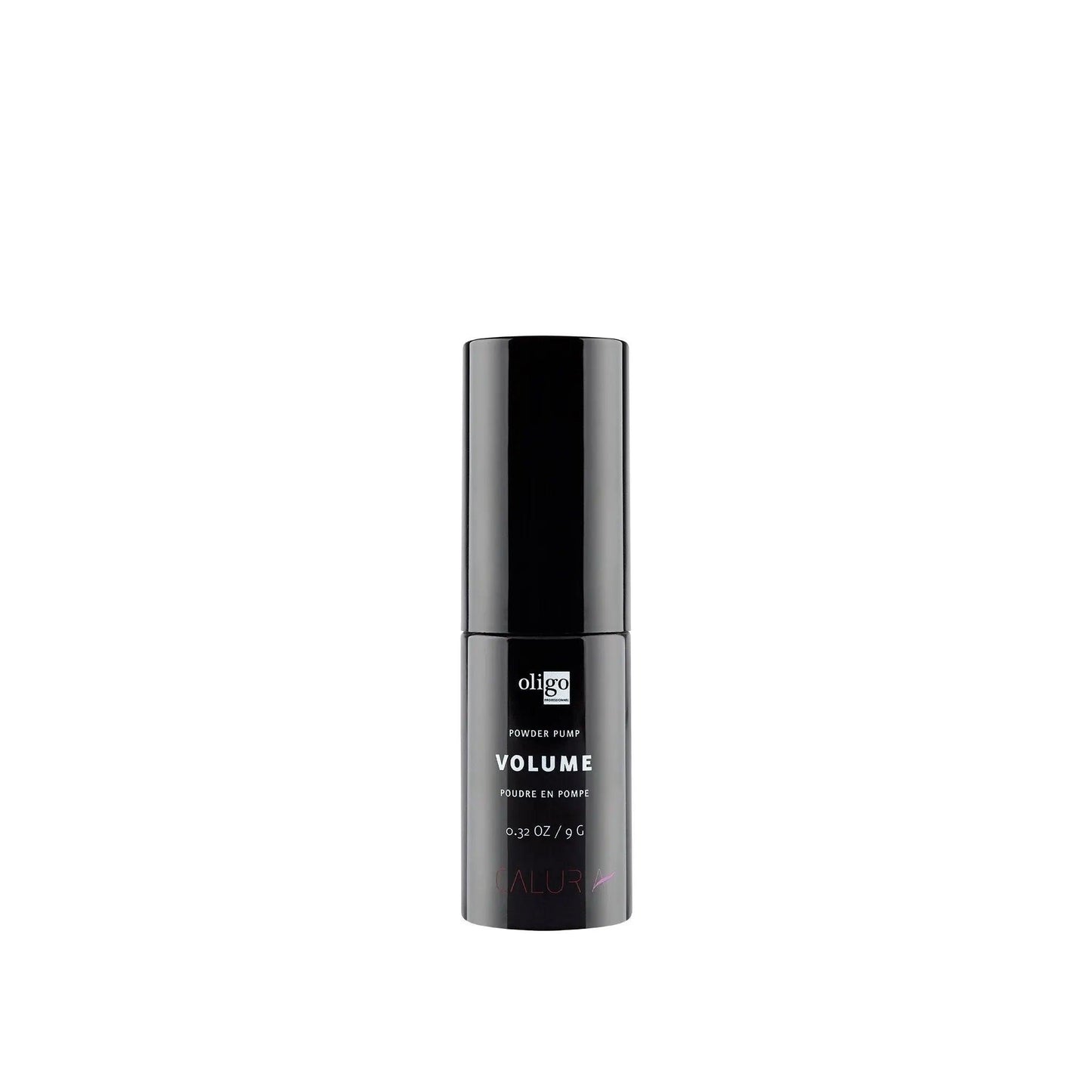 Black spray bottle of Oligo Powder Pump Volume for lasting hair volume and clean application. Vegan and paraben-free formula.