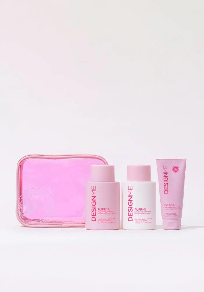 PUFF.ME Volume Glitz Kit featuring three pink hair products in a pouch, designed for soft, healthy volume and shine.