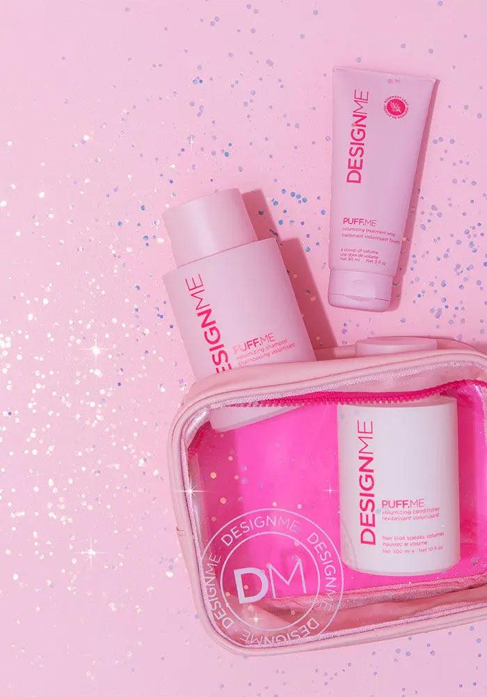PUFF.ME Volume Glitz Kit featuring volumizing shampoo and conditioner in a stylish pink pouch, ideal for healthy hair volume.