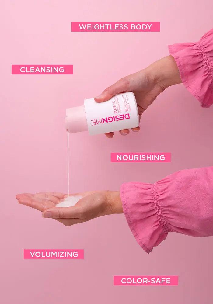 Hand pouring PUFF.ME shampoo, highlighting cleansing, nourishing, volumizing, and weightless body benefits on pink background.