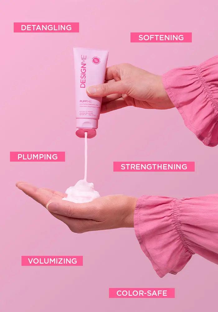 Hand pouring soft, voluminous hair product with benefits like detangling, strengthening, and color-safe formula.